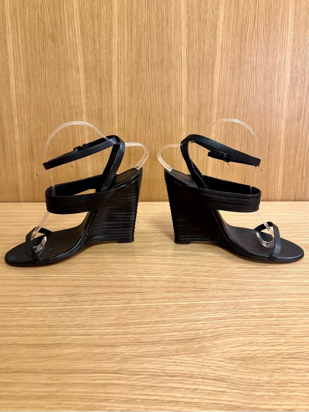 Bottega Veneta Black Leather Wrap-Around Wedge Sandals